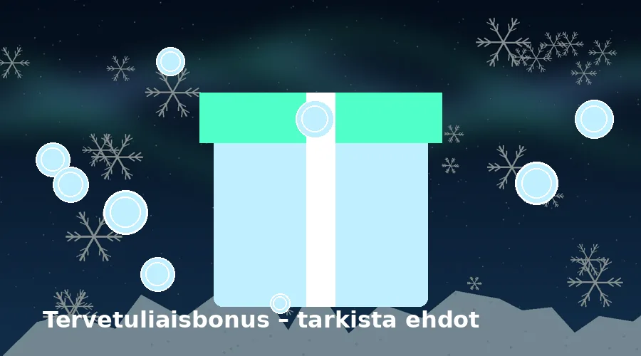 Huurteinen tervetuliaisbonus – kuvitus lahjapaketista ja kolikoista